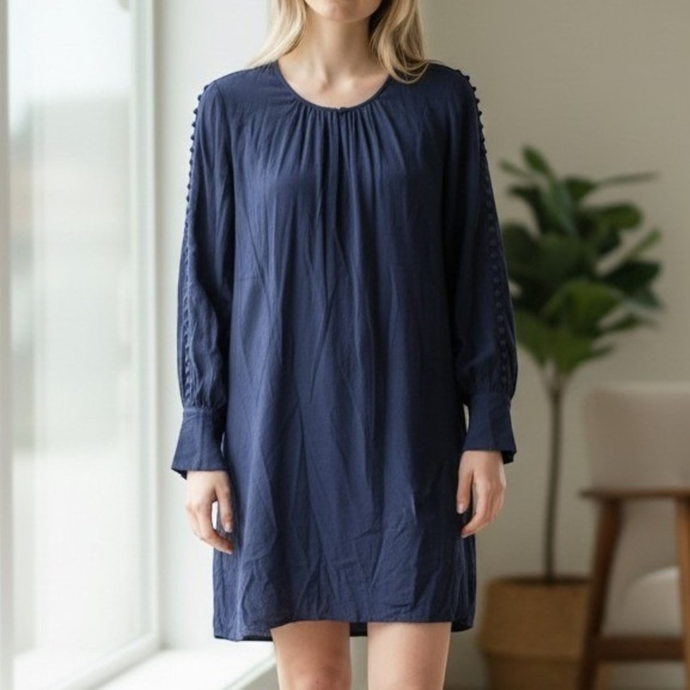 Joie Navy Blue Long Sleeve Shift Mini Dress Button Shoulder Detail Size S